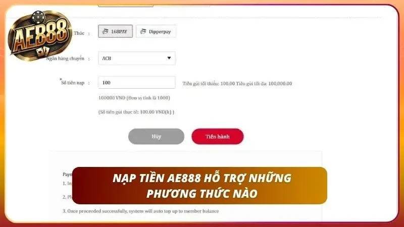 Hướng Dẫn Nạp Tiền AE888 | Bank, MoMo, USDT trong 1-3 phút 1 Tích hợp đa dạng các cổng thanh toán nội địa và quốc tế siêu tốc
