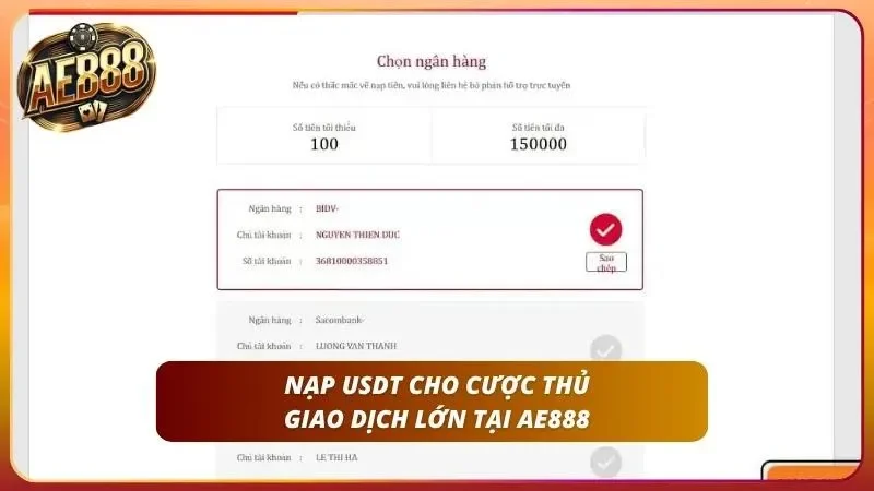 Hướng Dẫn Nạp Tiền AE888 | Bank, MoMo, USDT trong 1-3 phút 4 Chuyển vốn ẩn danh an toàn qua mạng lưới mã hóa Blockchain